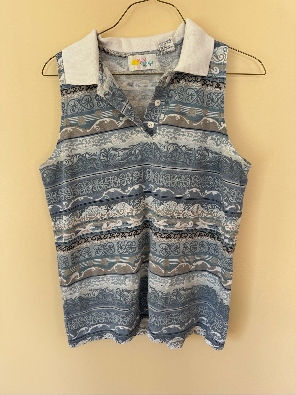 Women’s Sleeveless Polo Tank with Blue & White Pattern (S)